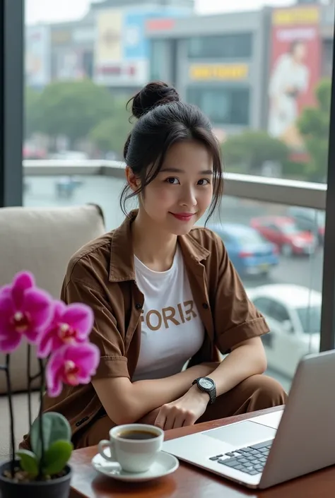 Beautiful Korean Women , smooth white skin, well-groomed face,black hair ,piled up,,ala korea,senyum tipis, Brown short shirt white t-shirt with logo (feel) brown knee length cargo pants ,wristwatch , pose sitting with eyes facing the camera,smile,sitting ...