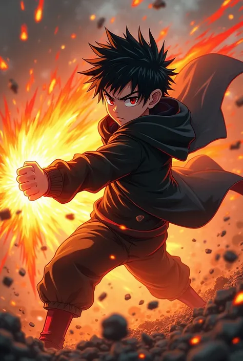 Anime boy , Spiky hair , black hair , black hoodie , red eyes , narrowed eye , destructive environment, fighting , fire fist , fire power