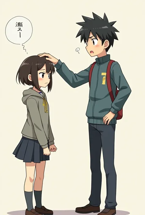 create a simple anime drawing of a 2 student (a girl with short hair and a tall guy) and the guy is patting the head of a girl. they are in front of each other.
the facial expression of the girl is angry

make it easy to draw