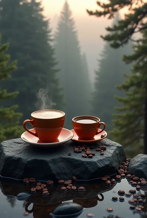 Cup of coffee on a shiny stone on top of a rock, under a pine tree, Etienne Delesser, amoled wallpaper, bright orange, black and yellow colors, right after rain, Jingna Zhang, with a cup of hot chocolate, shiny stones, scattered coffee beans, orange and bl...