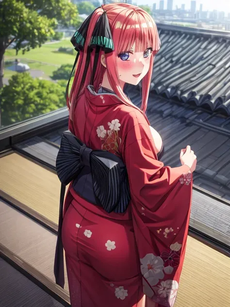 best quality, insanely detailed, nino nakano, breasts, blush, looking at viewer, cheerful eyes, arousal, kimono, highleg kimono, tight kimono, roof top background, Squat, from behind