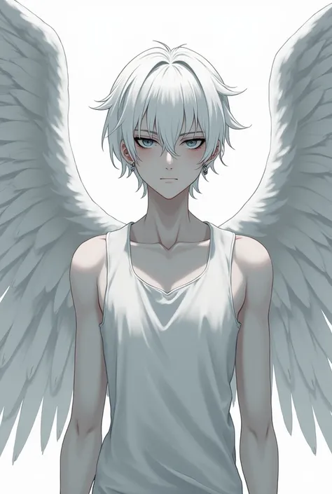 Boku no hero academia an albino man with gray eyes, dark circles, pale skin with two huge white wings, earrings in his ears, white vest 