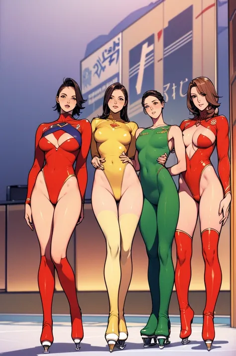 Full body picture：(masterpiece:1.2, best quality),(Very detailed),8K,wallpaper，Three women standing in a row,Full body picture，Wearing a red and gold Ultraman bodysuit，leotard，Green military uniform，Figure skater，Tall figure，Long legs，muscular，skating on i...