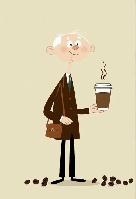 stickman stick figure，cartoon grandfather and coffee beans。unique。cute