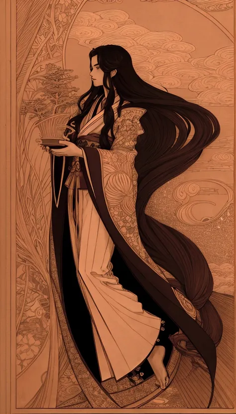 art nouveau style, handsome guy 15-20 years old, long hair, hair fluttering and intertwined with clouds, kimono, kimono flutteri...