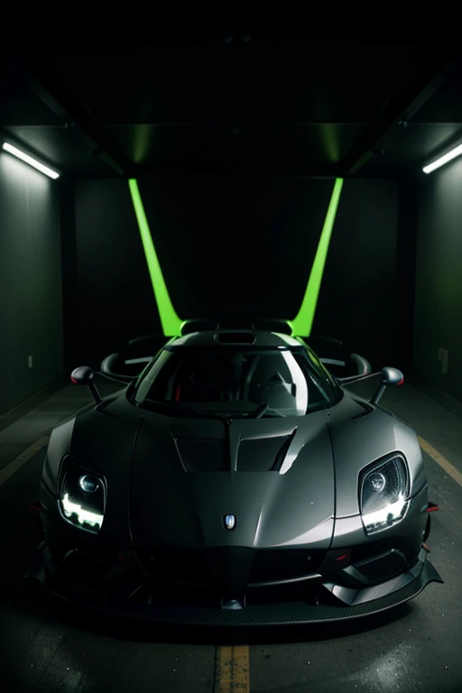 Photo of a futuristic Koenigsegg Pagani Zonda Fusion LE MANS sports car with sleek design, enhanced with thick side mirrors, black and green carbon fiber bodywork, isolated in a dark and empty garage, sci-fi themed, centered and symmetrical, bathed in a so...