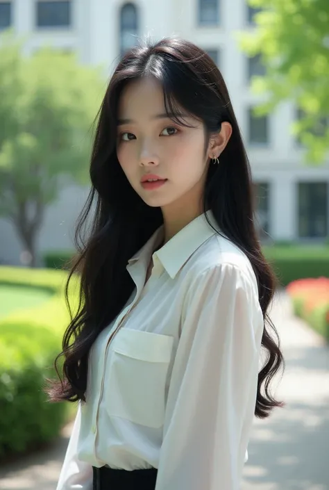 20-year-old,woman,long hair,Black Hair,Fine skin,University campus,Japanese,Highest quality,White blouse,Beautiful eyes,Beauty