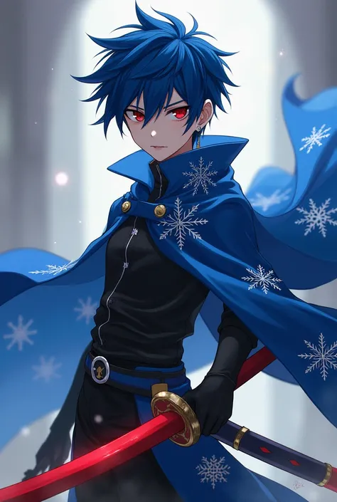 A boy with blue hair and red eyes holding a red-bladed katana, wearing a black outfit with a blue cape with snowflake designs wearing Tanjiro&#39;s earrings from the Demon Slayer world