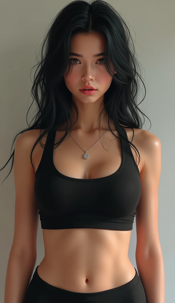 1 girl, single, realistic, black_hair, navel, long_hair, breasts, sports_bra, midriff, medium_breasts, looking_at_viewer, lips, messy_hair, black_sports_bra Katrina Kaif 