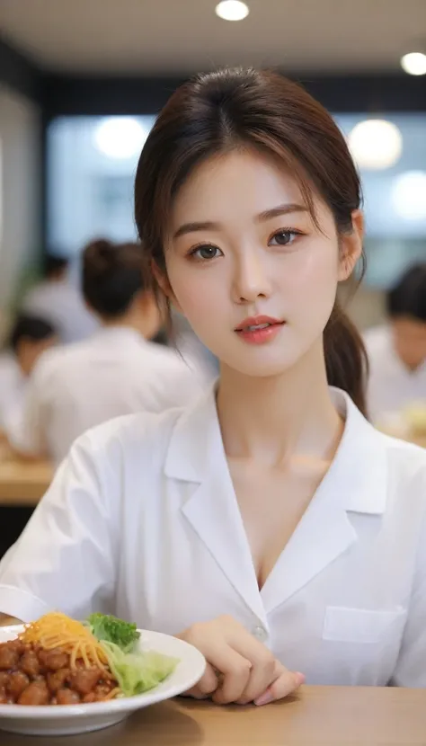 close-up shot of beautiful korean female, 34 inch breasts size, wearing white office uniform, having lunch in canteen with various korean food on the table, bokeh background, UHD