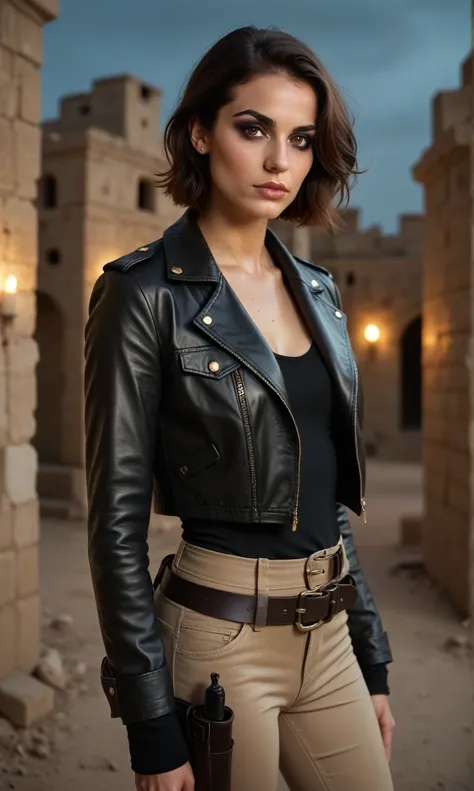 score_9, score_8_up, score_7_up, score_6_up, photorealistic, pretty girl, brunette, brown eyes, dark makeup, short hair, skinny, leather jacket, low neckline, khaki pants, belt with holster, military unloading, looking at viewer, stern look, blood on cloth...