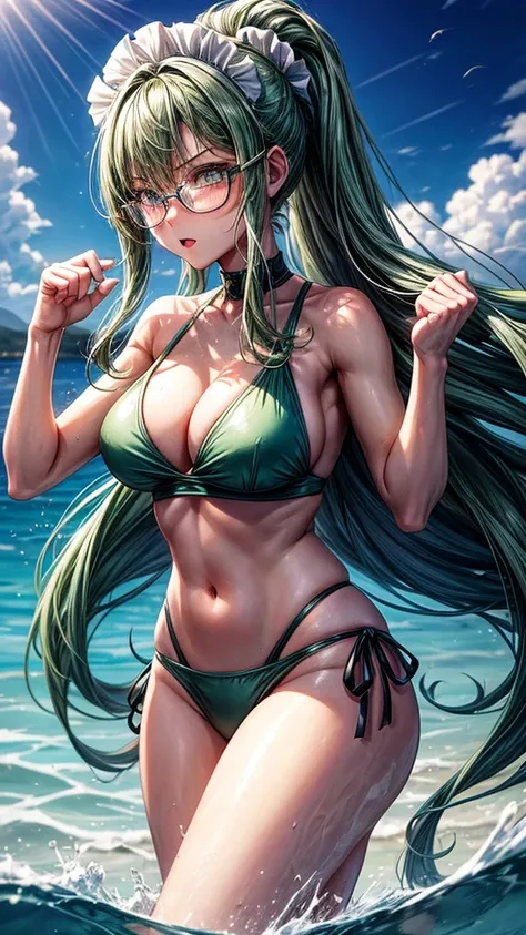 Splashing in the water,beauty,serious royal sister,Green single ponytail long hair,Wear glasses,Big breasts,thin waist,Perfect body,Wearing a Maid Swimsuit Outfit,Clench your hands into fists,,Punch and kick