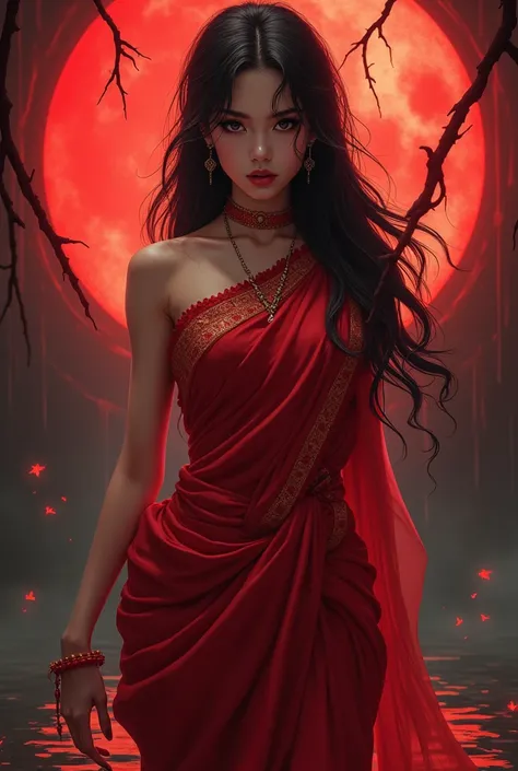 Shakcunni as a beautiful entity wearing a blood red sari in a sexy way with a horor background in an anime style make it more traditionally bangali but shes a k pop idol 