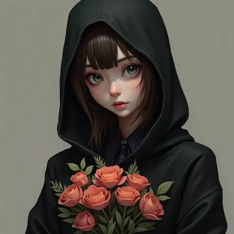 hyperrealistic, 1girl, blackhood, shaded face, holding Floral bouquet with bombs 