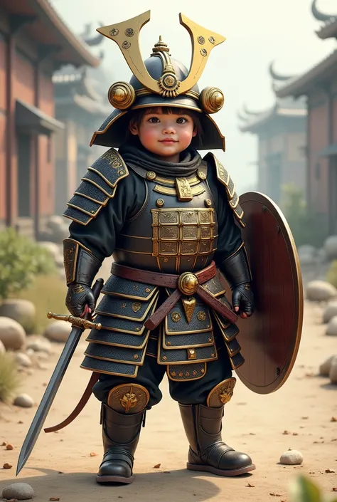 Totoro, adolable，Girl with thick fat chunky physique，Western samurai equipment，The whole body is covered in armor , Long knives and shields in hand，Wears samurai armor on his head，uni，No Man，No one appears