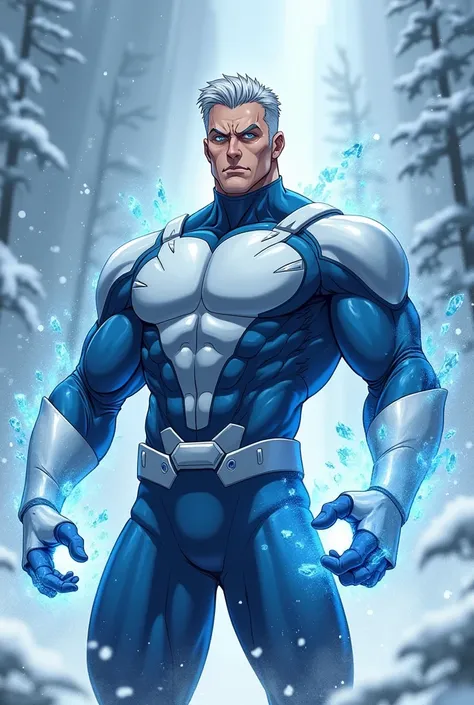 superhero, Muscle man, 45 ans, (cheveux blancs courts, grey eyes, thin white eyebrows), (tighthero costume blue and silver), gants blancs sans doigts, la glace jaillit de ses mains, surrounded by ice, frost, snow, Anime, effets de particules, Laser trace, ...