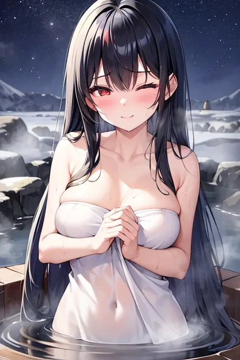 Girl, glossy black hair, semi-long hair tied back, hot spring, steam, wet hair, sweat, white bath towel, smiling with eyes closed, happy, fun, night, starry sky, snowy scenery, red face