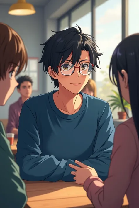 Realistic anime boy about 20 years old with a blue sweatshirt with dark black hair and glasses Meets with his friends to talk to them in a cafeteria talking with friends that you can see the person he is talking to looks more like other people At last with...