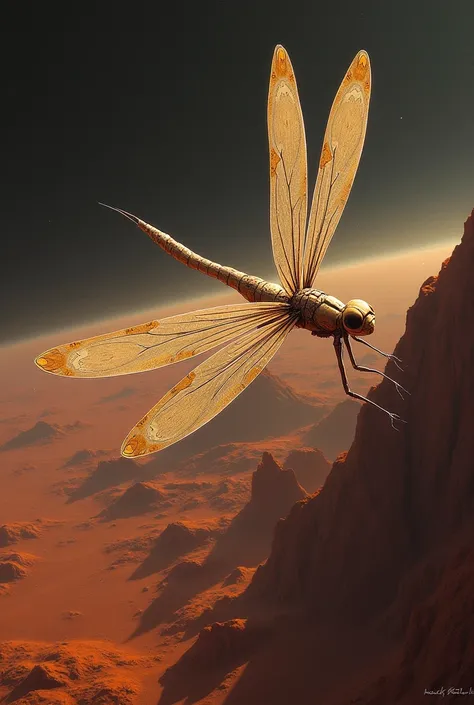 Planet Mars behind a Dragonfly in space