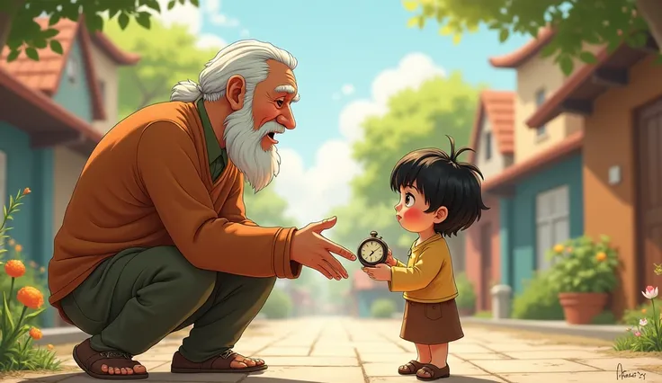 **Ramú Returning the Watch**: Ramú handing the watch back to the child who lost it.
