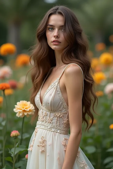 Create a young Israeli model Yael Shelbia, with 18 years, green eyes, light brown curly long hair, with delicate textured nude lips, delicate nose, wearing a long white dress with flowers, in a flower garden 