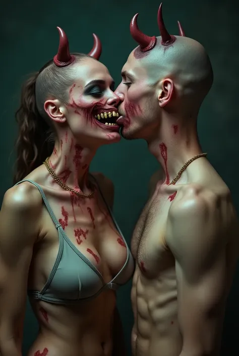 Ugly woman with dark circles and a toothless smile, bald, scared, terrorist, sex, breasts with horns, hot, full-bodied vagina, kissing a blue-eyed prince on the mouth 
