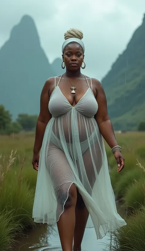 A vivid evocative and captivating scene featuring a beautiful 1 black african woman, full body, drenched by the rain, wet skin, voluptuous , full lips, ((lifting her skirt) wearing a white see-through dress), (No panty), (No bra), (boobs visible through tr...