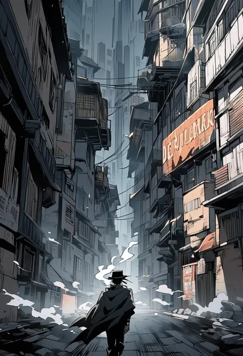 A man with a bandage on his right eye, with short black hair, wearing a black hat and black clothes and black cape, smoking, running quickly through a deteriorating city, anime style 