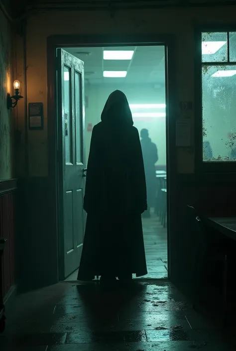 Mysterious and suspicious woman knocking on the door of a cafeteria