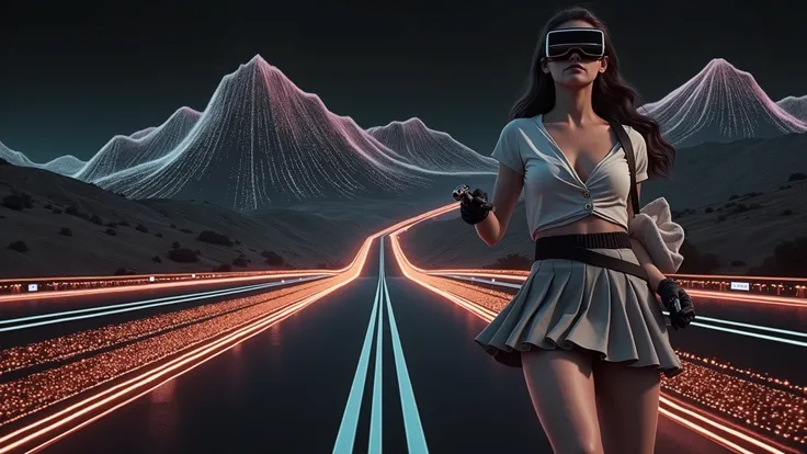 a fantasy circuit-crafted highway, a holographic wireframe image of mountains at the end of the highway, close-up ultra huge Matrix style glowing cascading code in the sky. At night, (1girl, solo, alone), photorealistic, large-breast slim:0.6 body, oval:0....