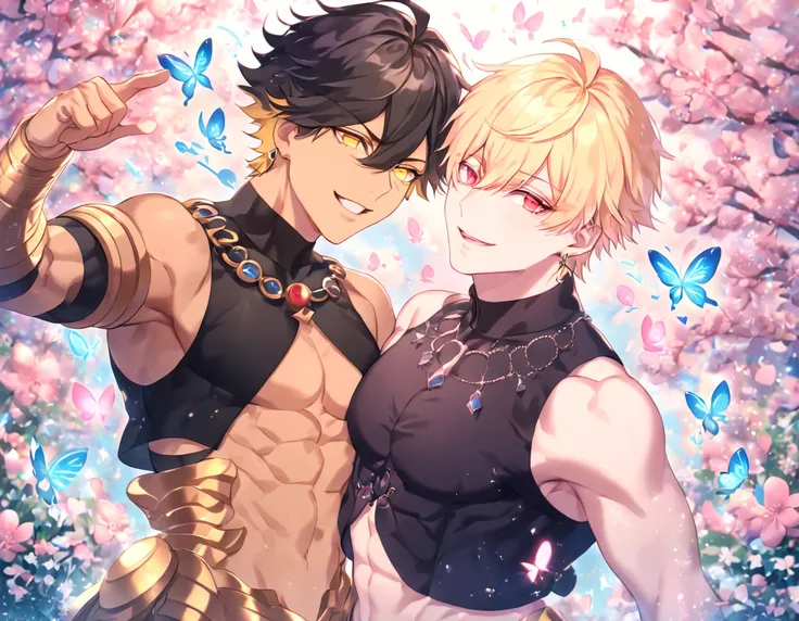 absurdres, highres, ultra detailed, HDR, master piece, best quality, extremely detailed, detailed eyes, delicated features, Gilgamesh, blonde hair, expressive red eyes, Fate Grand Order, Ozymandias, black hair, expressive yellow eyes, two sexy men together...