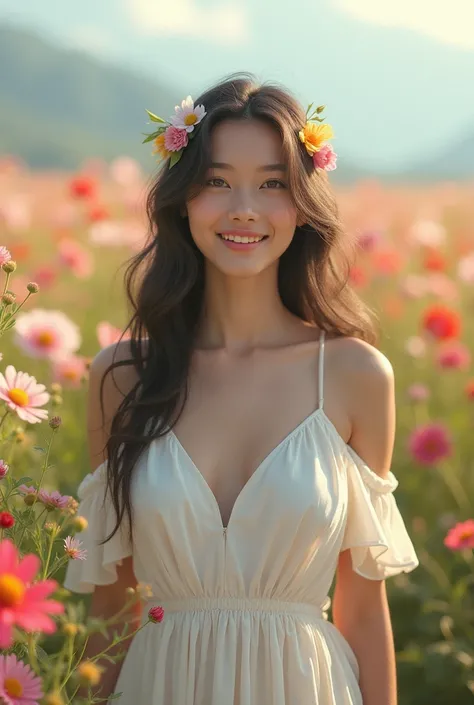 
A woman with flowers in her hair standing in a flower field I have the right unique item for you.
Poor Mergic Remix Copy Instructions Best quality, masterpiece, very high resolution, (In Photorealist: 1.4), Raw photo, 1 girl, White gown, , blooming flower...