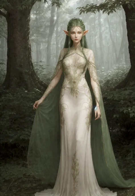 A realistic, highly detailed full-body portrait of a tall, slender male and female Lunari with pointed elf-like ears. The male has deep forest green hair and almond-shaped silver eyes. He wears elegantly tailored clothing enhanced with natural elements, su...