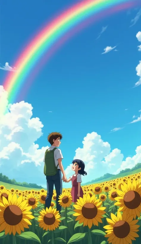 anime style, The farmer and his daughter standing in a field of blooming sunflowers, a vibrant rainbow stretching across the clear blue sky behind them. They are gazing upwards with smiles, their eyes sparkling with hope and gratitude. Ghibli style, with a...