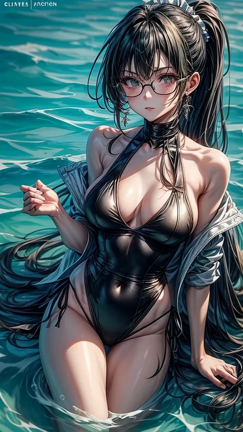 Splashing in the water,beauty,serious royal sister,Green single ponytail long hair,Wear glasses,Big breasts,thin waist,Perfect body,Wearing a Maid Swimsuit Outfit,Clench your hands into fists,,Punch and kick