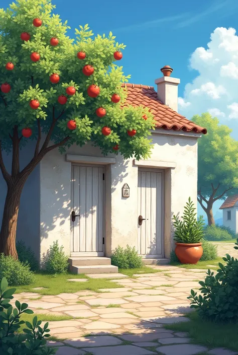 Create a serene scene of a small, charming white cottage with a rustic texture. The cottage has a slightly rough, stucco exterior with two simple white doors and small steps leading up to the entrance. A vibrrant apple tree extends its branches across the ...