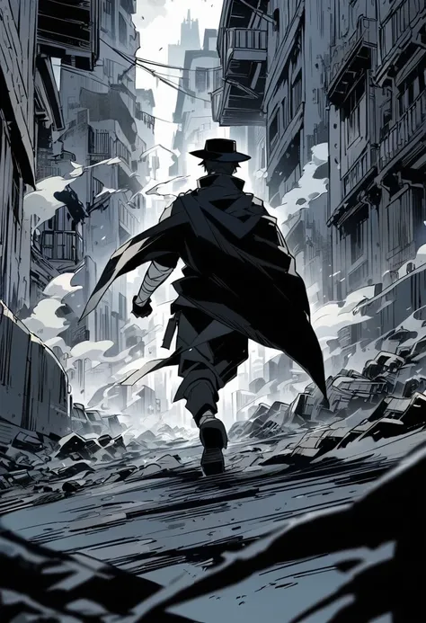 A man with a bandage on his right eye, with short black hair, wearing a black hat and black clothes and black cape, smoking, running quickly through a deteriorating city, anime style 