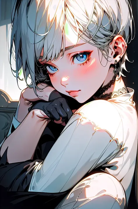 (Masterpiece), (Best Quality), Very detailed, (a sexy pale woman), Perfect Face, Beautiful Face, Very detail, short silver hair, tousled, short white hair, cold, black shirt, sitting, piece pose, indoor, warm lighting, soft shadows, quiet atmosphere, front...