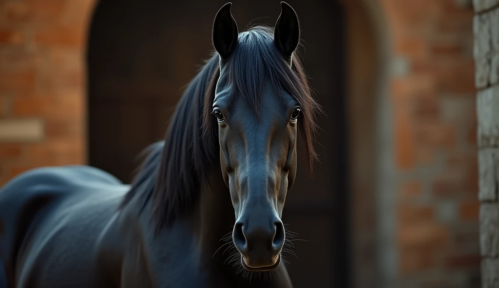 Photorealistic RAW style, black horse with a serious face, film noir, epic background, orange, grey, creamy white tones, natural textures, hyper maximalist, elegant, super detailed, dynamic pose, ultra-detailed, ultra realistic, hyper maximalist, cinema qu...