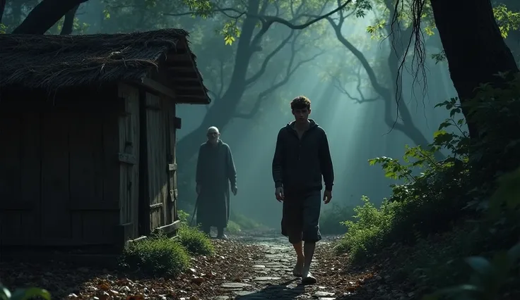  _Prompt_: A young man with a determined expression, stepping out of the hut into the dark forest, ignoring the elderly mans advice.