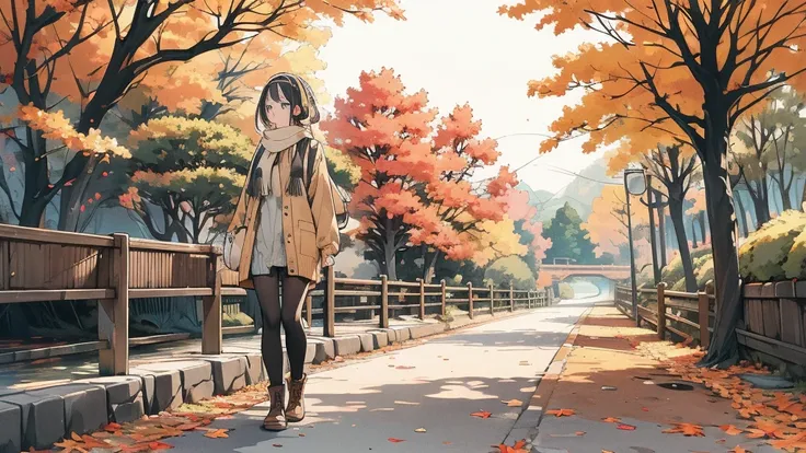 create a scene of a young woman wearing headphones walking in a park with a lake and beautiful autumn leaves.。the woman is weari...