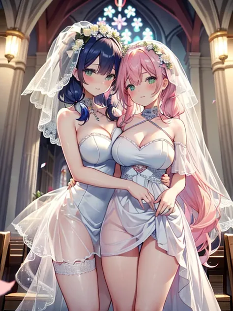 nsfw,((2girl),(yuri),(lesbian),(kiss),(gazed at each other)), (8k,16K,best quality,high-resolution,detailed fingers,detailed hands,detailed eyes,detailed legs:1.5), ( pink hair, blue hair, long twin tails,shiny hair:1.3), ((white veil),(wedding dress),((ba...