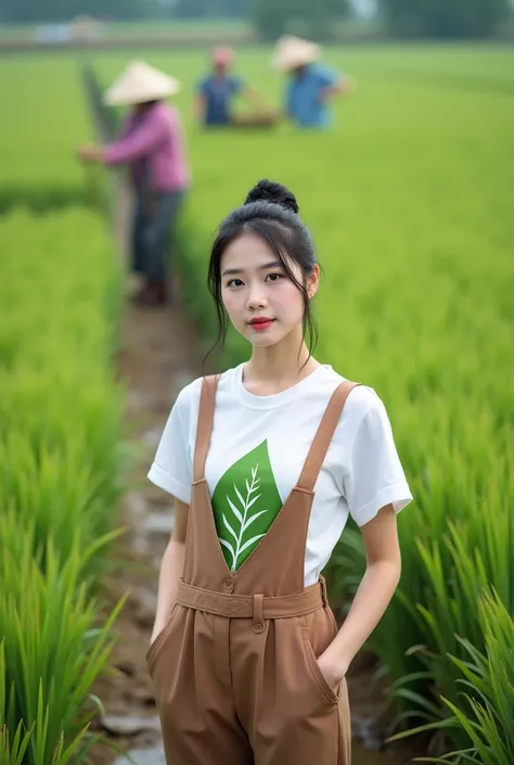 Beautiful Korean Women , smooth white skin, well-groomed face,black hair ,rolled up,,korean way,faint smile, white shirt, green leaf t-shirt ,with logo (health) brown knee length jumpsuit pants, brown eyes looking at the camera,smile,standing pose, in the ...