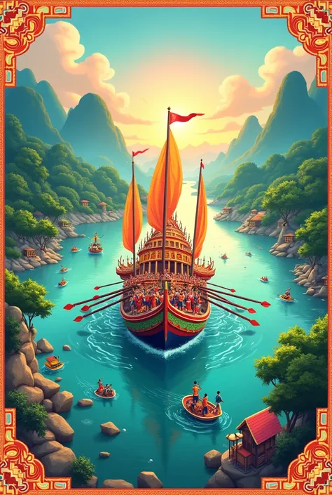 The poster for the flag-winning boat race, put the flag-winning boat in the middle with the name of the event, lang suan long boat racing festival, and the image should have activity details on the bottom right corner. There is 1 activity.. Boat Flag Compe...