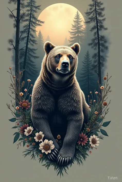 Unique bear tattoo design in a moonlit forest