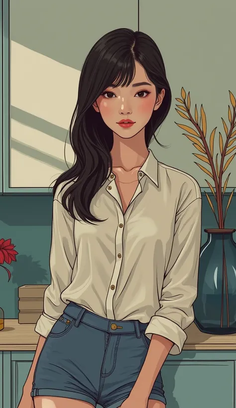 a close up of a woman in a white shirt and blue shorts, a picture inspired by Wang Yuanqi, pinterest, superflat, white blouse, white tshirt, feminine slim figure