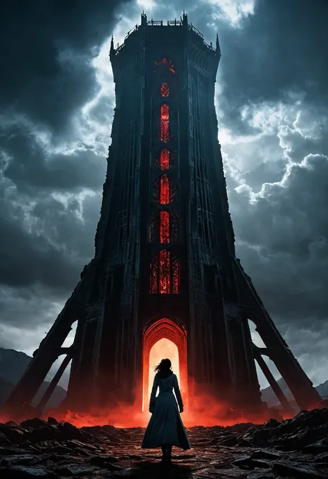 A dramatic wide shot of a female doctor standing at the base of a towering, ominous structure known as the Tower of Calamity. The sky is overcast with dark, swirling clouds, and the atmosphere is filled with tension. The tower is ancient, with jagged edges...