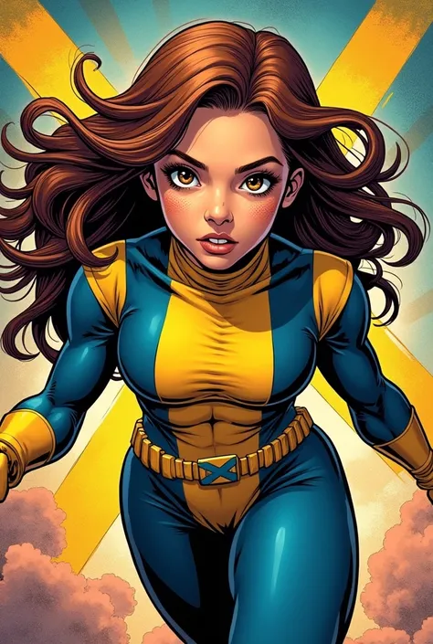 a 1 girl, cabelos castanhos ondulados, brown eyes and some freckles on her face, wearing the X-men uniform in a 90s comic style