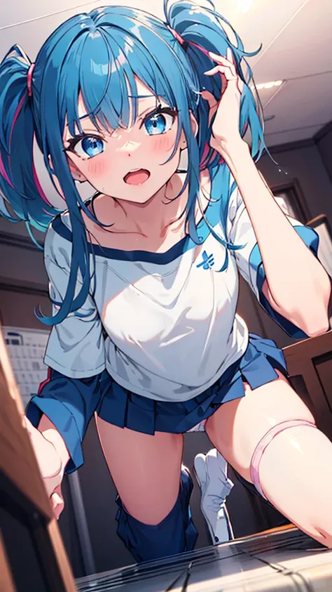 upper body,heal_sky_hirogaru_sky_preheal,light blue_hair, colored inner hair,blue_eyes,long_hair,twintails,magical_girl,bangs,open_mouth,pink_hair,multicolored_hair,(lifting_skirt_by_herself,white_panties),dynamic_angle,(from_bottom:1.5),(ceiling:1.5),(cro...