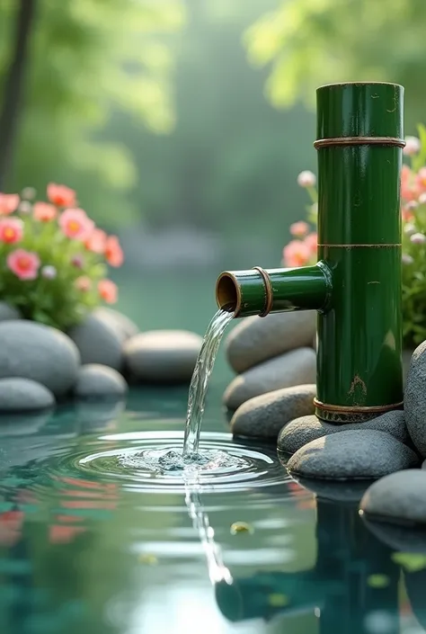 The image depicts a serene pond with a green bamboo pouring water into the pond, surrounded by rocks and flowers, zen natural background, relaxing environment, relaxing concept art, relaxing atmosphere, peaceful ambience, relaxing, beautiful composition 3 ...